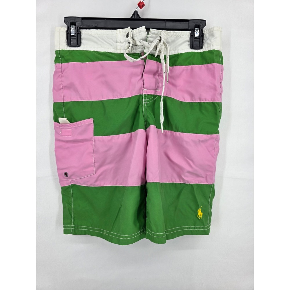 Polo Ralph Lauren Mens Pink Green Striped Swim Trunks Cargo Pocket Size Medium